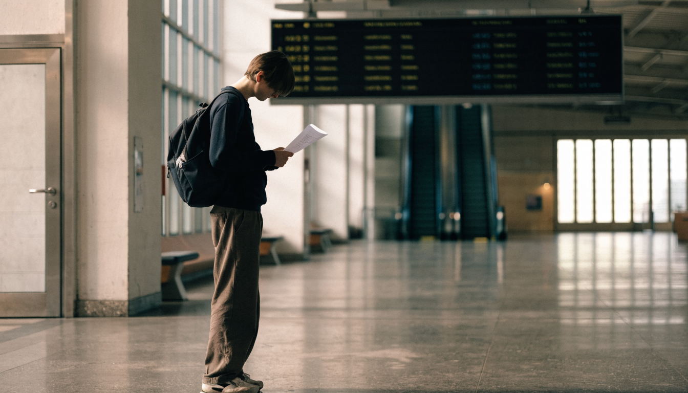 Eine Person mit Rucksack liest ein Blatt in einer hellen Bahnhofshalle. Die Abfahrtstafel ist abgewandt.