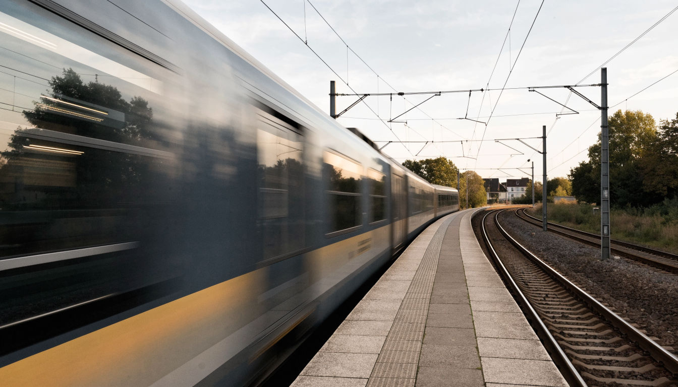 Ein leerer Regionalbahnsteig, während ein Zug ohne Aufschrift einfährt. Keine Uhr ist lesbar.